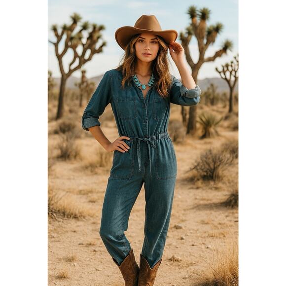 ANN TAYLOR LOFT Linen Blend Drawstring Waist Roll Tab Sleeve Denim Jumpsuit - Picture 2 of 14